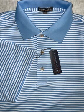 NWT Peter Millar Summer Comfort Polo Golf Striped Blue White *Logo*